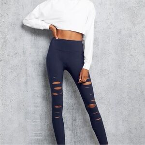 Alo Yoga Leggings High Waisted Ripped Warrior Navy Blue